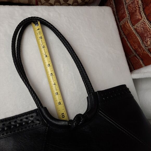 Black Braided Handle Vegan Faux Leather Shoulder Bag Multiple Compartments - Picture 12 of 12